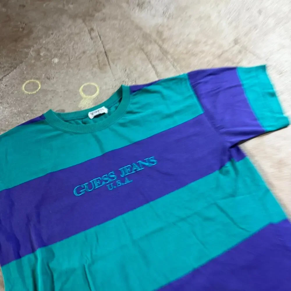 Vintage VTG 90’s Guess Jeans Striped Single Stitch Graphic T-Shirt - Picture 4 of 7